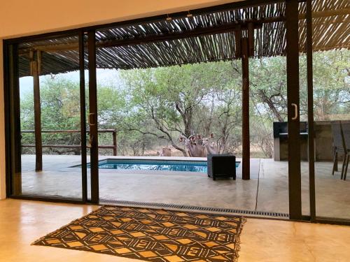 a view of a pool through a glass door at Kruger Willows in Marloth Park