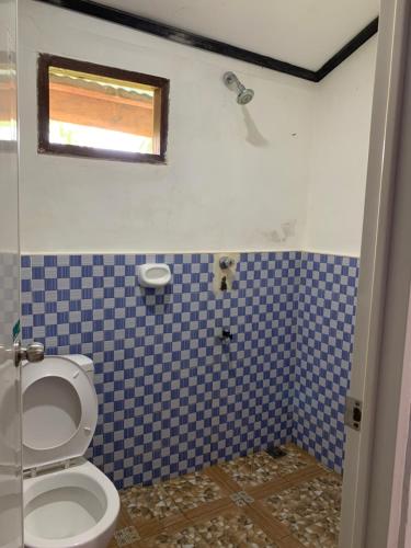 a bathroom with a toilet and blue and white tiles at Bundal Riverside Room#2 with Balcony or Terrace in San Vicente