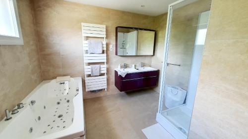 y baño con bañera, lavamanos y ducha. en Chambre Balnéo à Chaumont (Maison Bonhage), en Chaumont