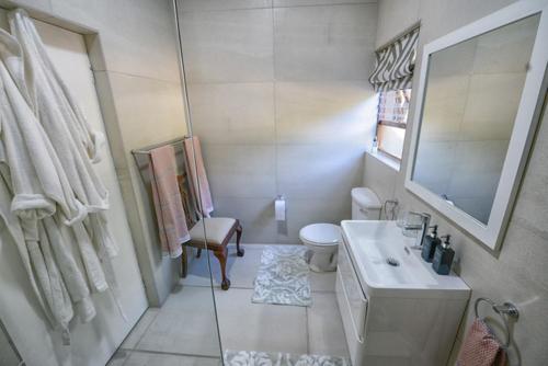 a bathroom with a sink and a toilet and a mirror at Fynbos Garden Cottage in Wilderness