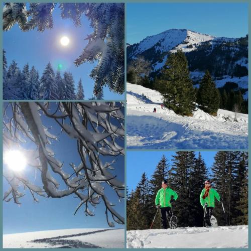 four pictures of a man skiing on a snow covered slope at Frühstückspension Bilgeri in Sulzberg