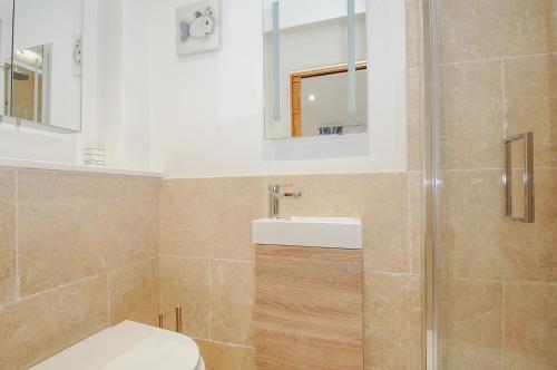 a bathroom with a shower and a toilet and a sink at Pol Glas Cabin in Helston