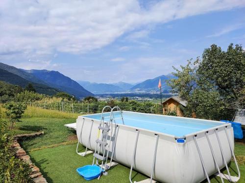 a large pool in a yard with mountains in the background at Ales Green in Camorino