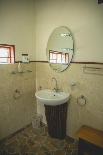 a bathroom with a sink and a mirror at Thokozani Lodge in White River