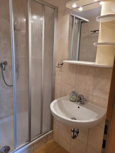 ein Bad mit einem Waschbecken und einer Dusche in der Unterkunft Ferienwohnung mit 2 Schlafzimmern in Zinnowitz