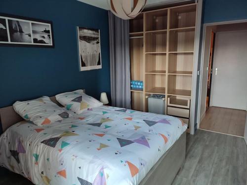 a bedroom with a bed and a blue wall at Grand T2 lumineux Viarme/Talensac avec parking in Nantes