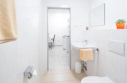 uma casa de banho branca com um WC e um lavatório em Haus Emona - Ihre Pension in Freiburg em Friburgo em Brisgóvia