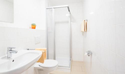 een badkamer met een toilet, een wastafel en een douche bij Haus Emona - Ihre Pension in Freiburg in Freiburg im Breisgau