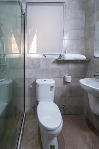 a bathroom with a toilet and a sink at Quest Boutique Hotel in Gwarinpa