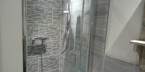 een douche met een glazen deur in de badkamer bij Charming 2-Bed Cottage within Barn in Merinchal in Mérinchal