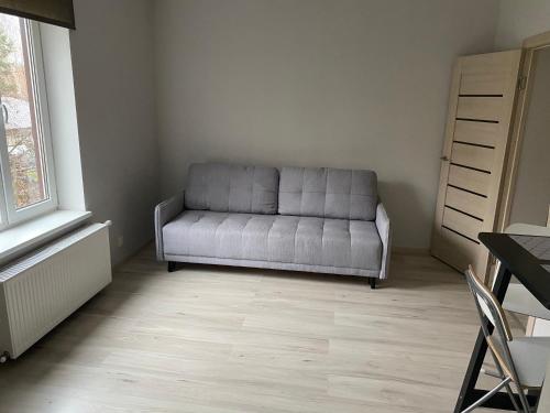 a gray couch in a room with a window at AV Apartment in Rēzekne