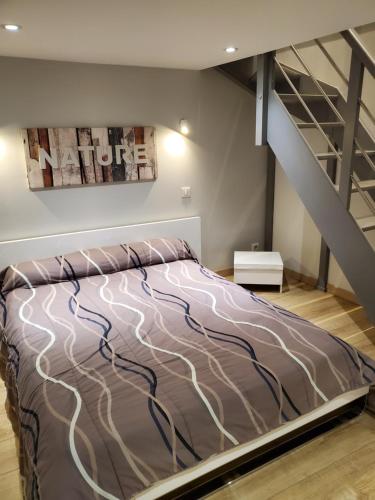 1 dormitorio con 1 cama grande y escalera en Emplacement de 1er choix situé dans une impasse- Prestations de qualité - WiFi, en Cauterets