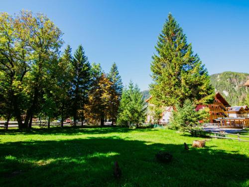 ein grasbewachsenes Feld mit Bäumen und einer Lodge in der Unterkunft Apartment Cesa Minach-3 by Interhome in Alba di Canazei