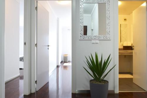 a hallway with a mirror and a potted plant at Design Gardens, a Home in Madeira in Funchal