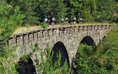 a group of people riding bikes on a bridge at Apartments Šterna in Grožnjan
