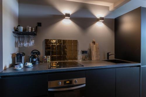 een keuken met een aanrecht, een wastafel en verlichting bij ShortStay Gouda in Gouda