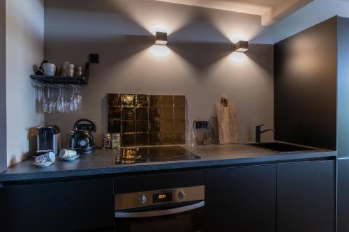 uma cozinha com um balcão, um lavatório e luzes em ShortStay Gouda em Gouda