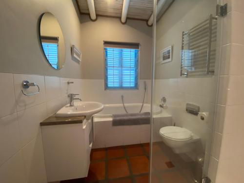 a bathroom with a toilet and a sink and a shower at C'est la Vie in Paternoster