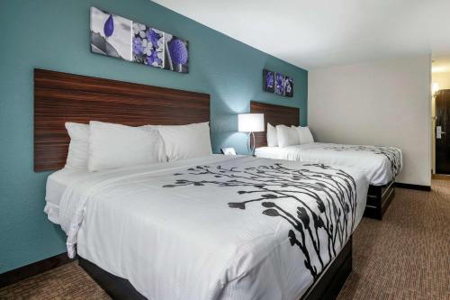 two beds in a hotel room with blue walls at Sleep Inn Jacksonville Airport in Jacksonville