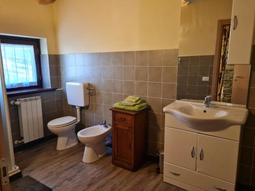 uma casa de banho com um WC, um lavatório e um WC. em Foresteria Giardino em Paisco