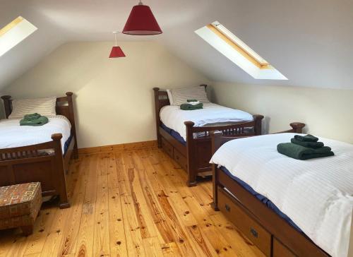 a attic room with three bunk beds and skylights at Valentia View Holiday Home in Cahersiveen