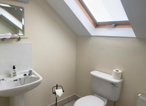 a bathroom with a toilet and a sink and a skylight at Valentia View Holiday Home in Cahersiveen