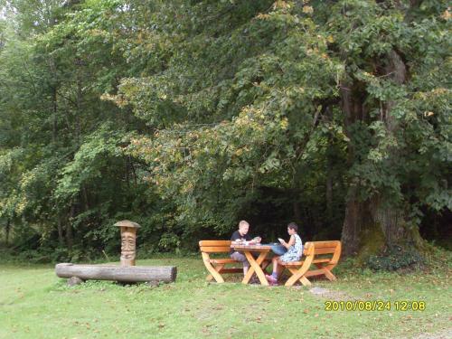 two people sitting on a bench under a tree at Ferien am Talhof in Sankt Urban