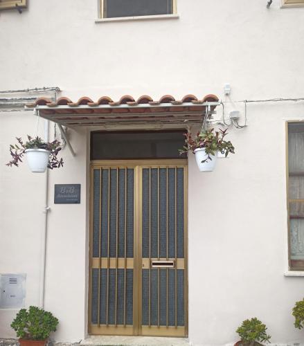 a door to a white house with two potted plants at B&B AEREOSTATION in Lamezia Terme