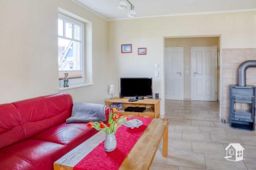 a living room with a red couch and a tv at Appartement Sundevit in Börgerende-Rethwisch