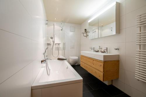 uma casa de banho com um lavatório, um chuveiro e um WC. em Apartment Caspar em Riederalp