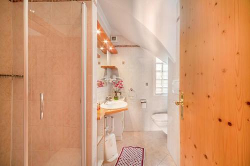 een badkamer met een douche, een wastafel en een toilet bij Adang Ferienwohnung Etschtal in Tirolo