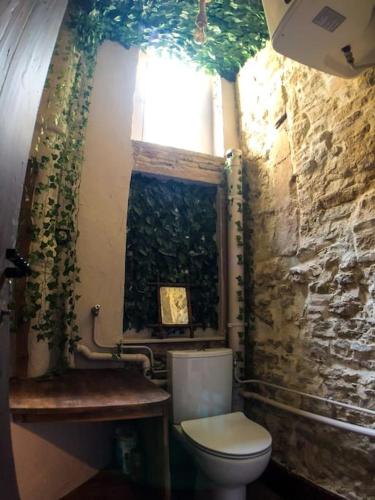 La salle de bains est pourvue de toilettes et d'un mur en pierre. dans l'établissement Le TULUM, T2, Hyper-centre, Place aux herbes, à Mâcon