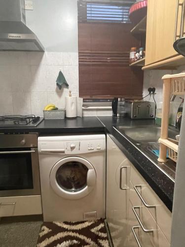 uma cozinha com uma máquina de lavar roupa em Beautiful 3 bed apartment in Cricklewood em Londres