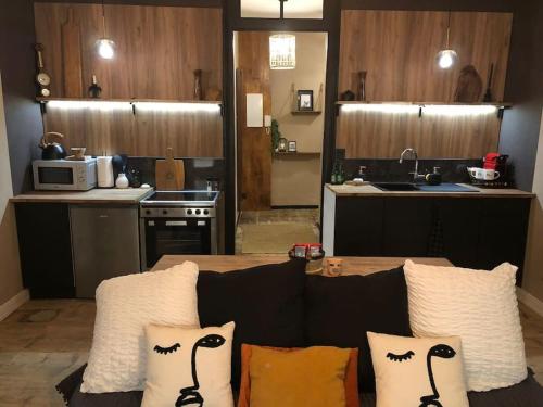 a living room with a couch with pillows and a kitchen at Le TULUM, T2, Hyper-centre, Place aux herbes in Mâcon