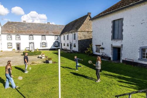 a group of people playing frisbee in a yard at Manoir de Sterpigny, château-ferme 17ème siècle gîte la Tour in Gouvy