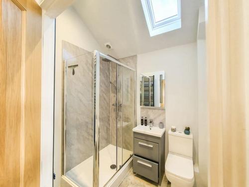 un bagno con doccia, WC e lavandino di Skyber Barn, a rural retreat on Bodmin Moor a Liskeard