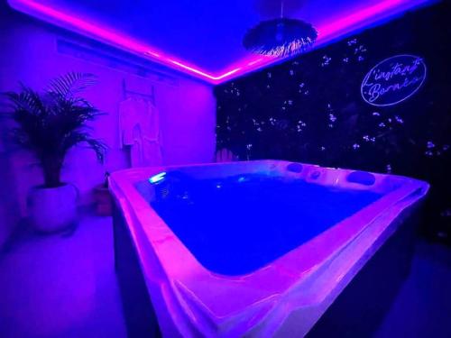 a purple room with a tub with a potted plant at L'instant Bornéo Superbe appartement avec jacuzzi in Liancourt