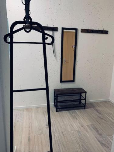 een kamer met een spiegel en een zwart rek bij modernes 1-Raum Apartment für Monteure (WORK 1) in Cottbus