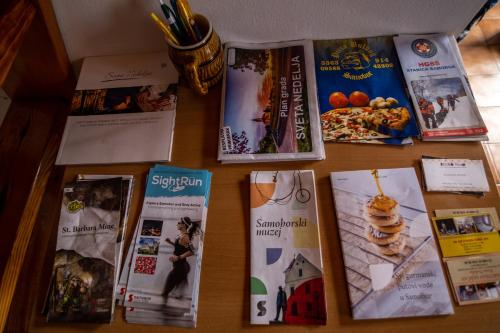 a table with magazines and books on it at Apartment Bišćan Samobor in Samobor