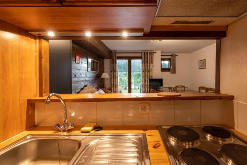 uma cozinha com um lavatório e um fogão forno superior em Au chalet du Nant d'ant em Samoëns