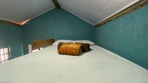 a blue room with a bed with a brown bag on it at CÉU DE AGARTHA Retiros e Vivências in Alto Paraíso de Goiás