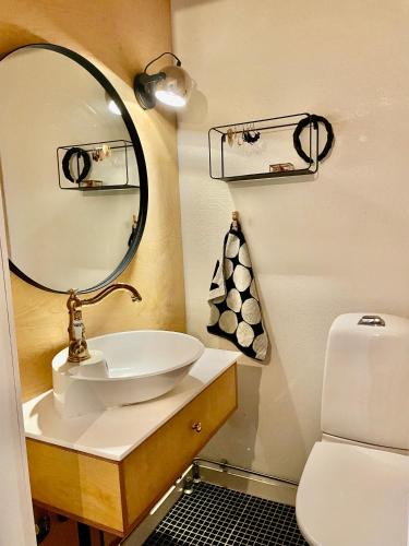 a bathroom with a sink and a mirror at Villa Luna with jacuzzi in Rovaniemi