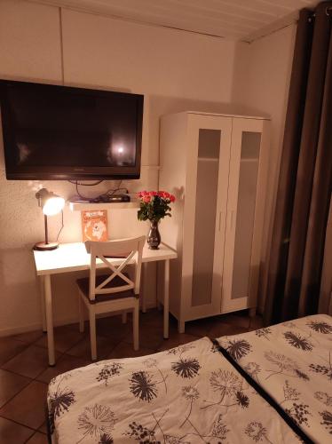 a bedroom with a bed and a desk with a tv at Gäste Apartement Casa Luber in Thalmassing