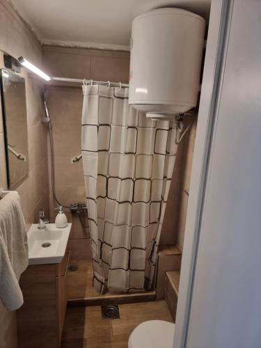 y baño con cortina de ducha y lavamanos. en Lucas4 Flogita apartment, en Flogita