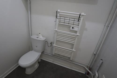 d'une petite salle de bains avec toilettes et porte-serviettes. dans l'établissement Homeday cultivateur n°2 appartement type F3, à Haguenau
