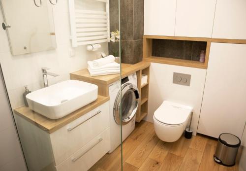 a bathroom with a sink and a washing machine at Luxus Apartament Rodzinny z sauną i siłownią in Gdańsk