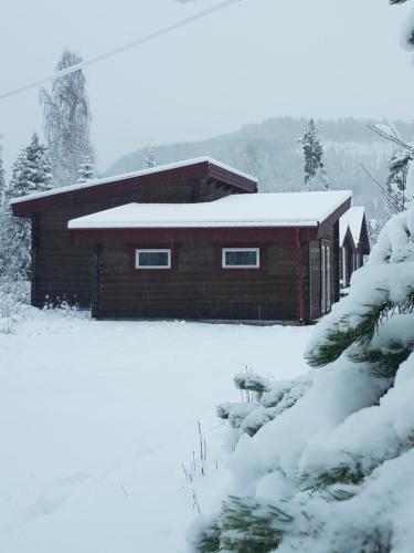 une cabine dans la neige avec une cour couverte de neige dans l'établissement Ammeråns Fiskecamp, à Hammarstrand