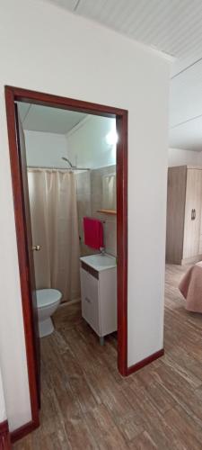 a bathroom with a toilet and a sink and a mirror at Hosteling Las Margaritas in Minas
