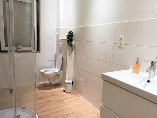 a bathroom with a toilet and a sink at Gemütliches 3 Zimmer Apartment nahe Science Park in Blaustein