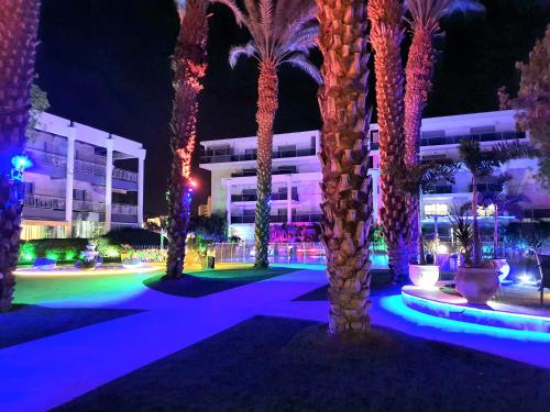 a group of palm trees with lights in front of a building at Barak Royal suites VIP 134 - חמש דקות מהים ומהטיילת in Eilat